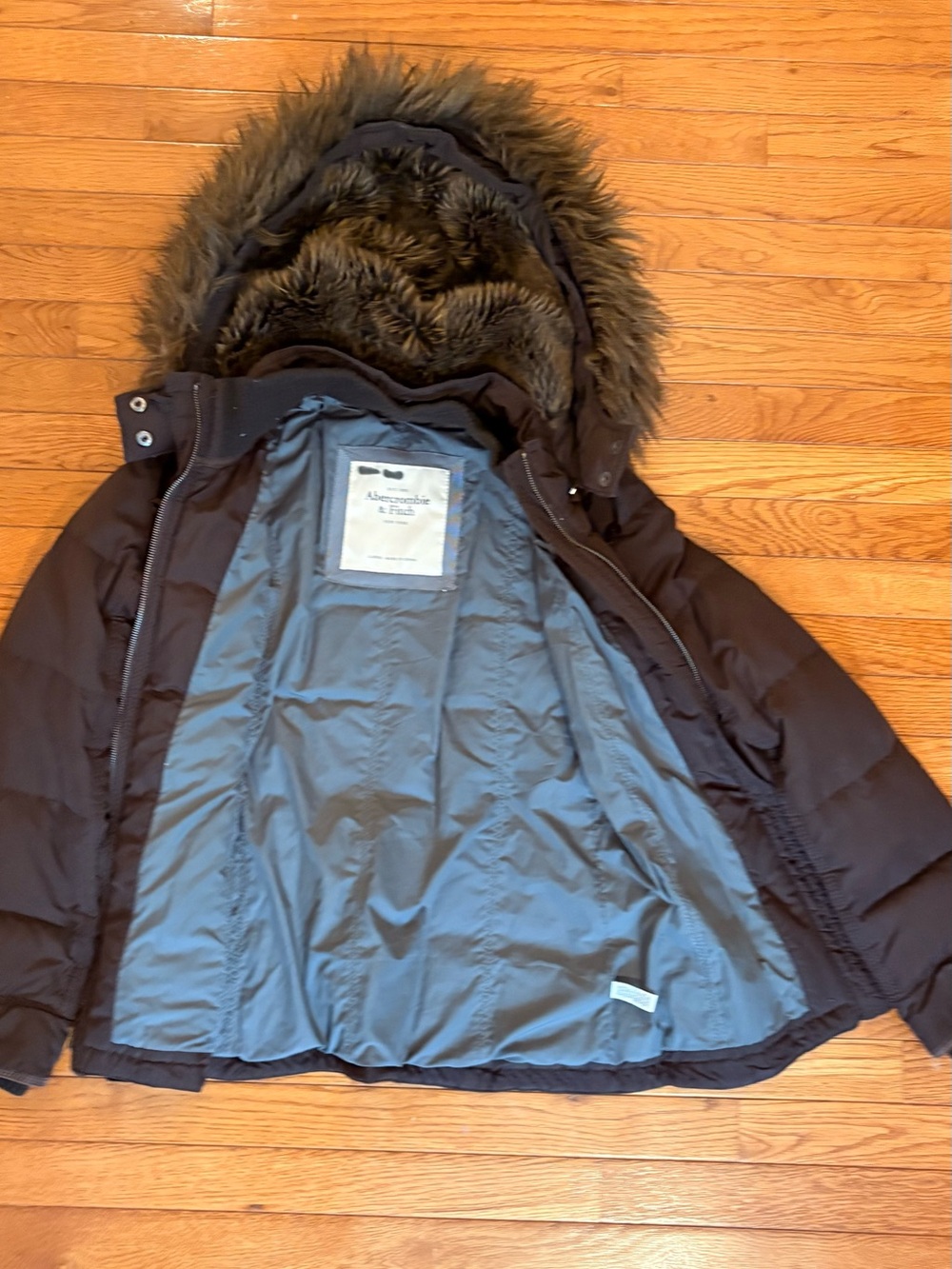 Abercrombie & Fitch Vintage Y2K Women L Brown Down Puffer Jacket w Faux Fur Hood - Picture 10 of 16